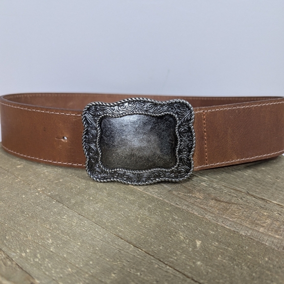 Simons Brown Leather Belt 2” Wide Silver Western Buckle Fits 30–34 Vintage Style - Picture 2 of 7